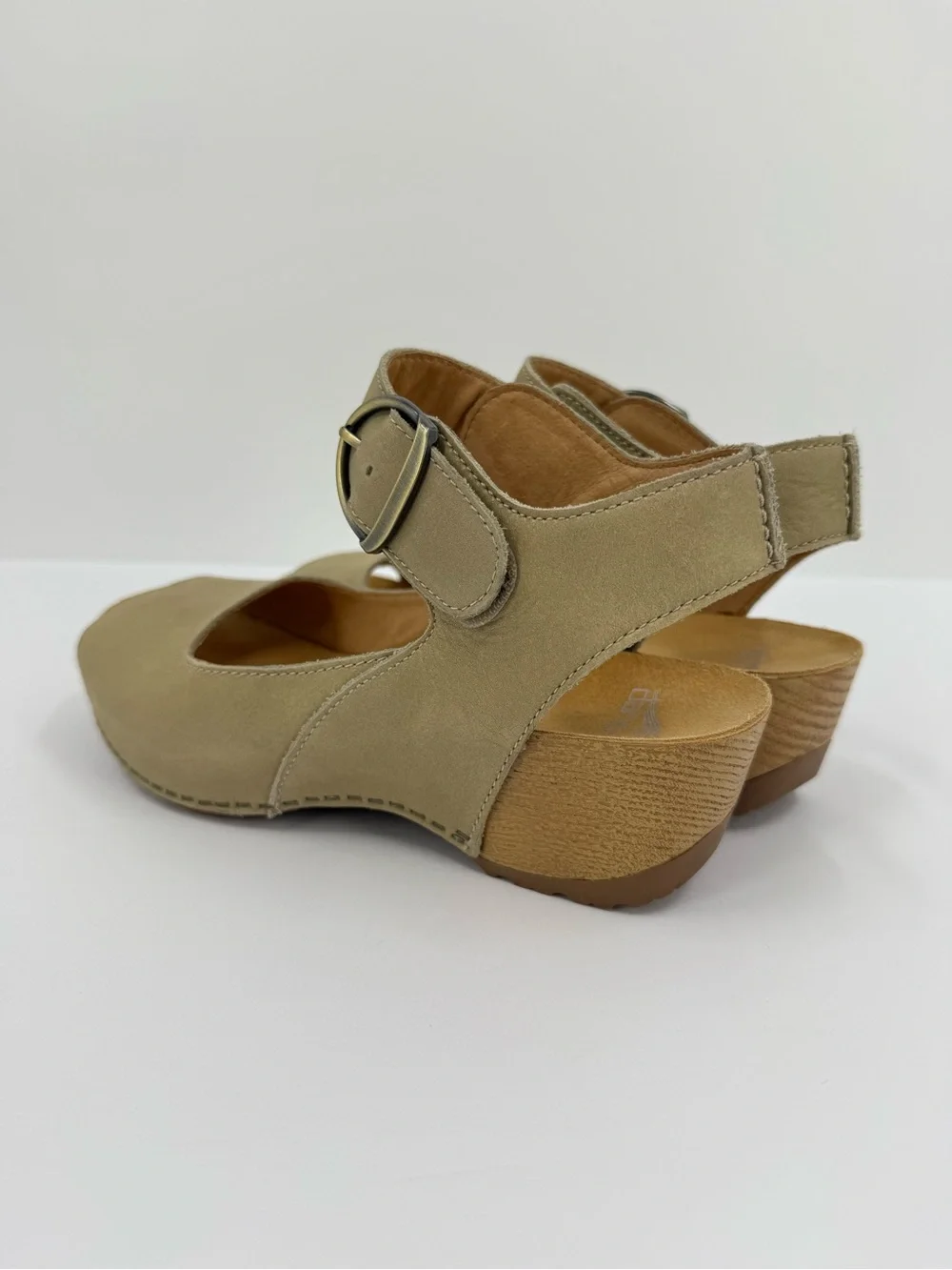 Dansko Tiana Peep-Toe Wedge Sandals in Khaki Leather Size 37 or 6.5-7